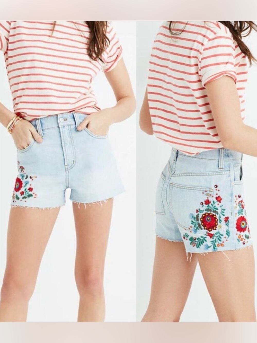 Madewell The Perfect Jean Short High Rise Light Wash with Floral Embroidery - Picture 2 of 11
